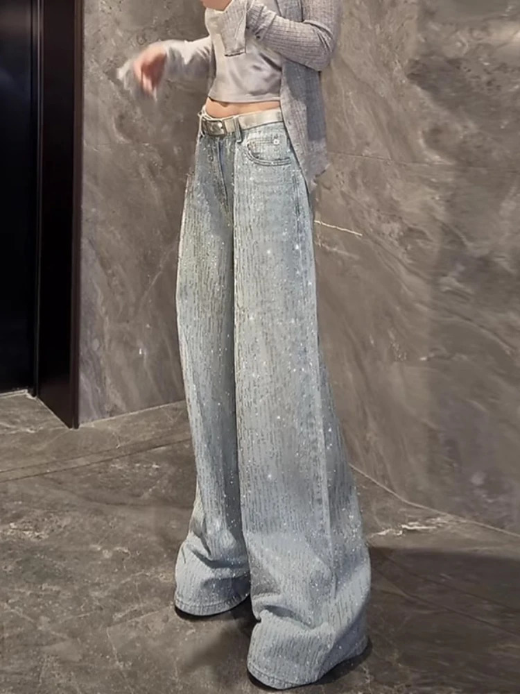 Womens Summer Star Diamond Jeans n Sense High Waist Loose Wide Leg Pants Casual Floor Trendy Long Pants 251111