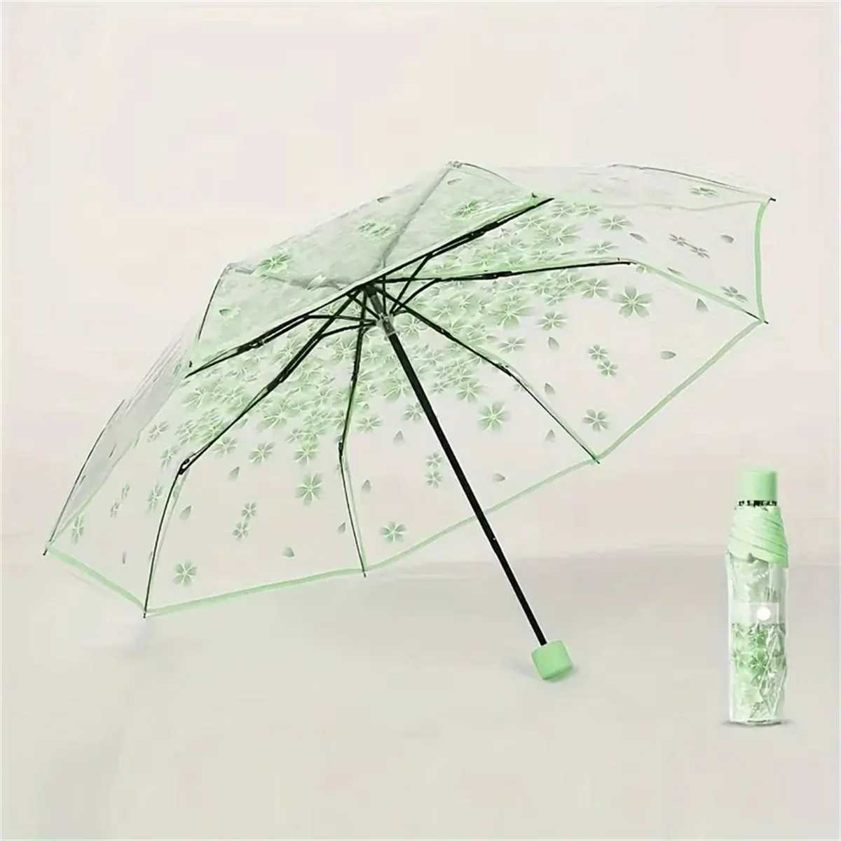 Korean Umbrella Cute Mini Fresh and Three-Fold Japanese Cherry Blossom Transparent Umbrella Rainproof and WindproofM251122
