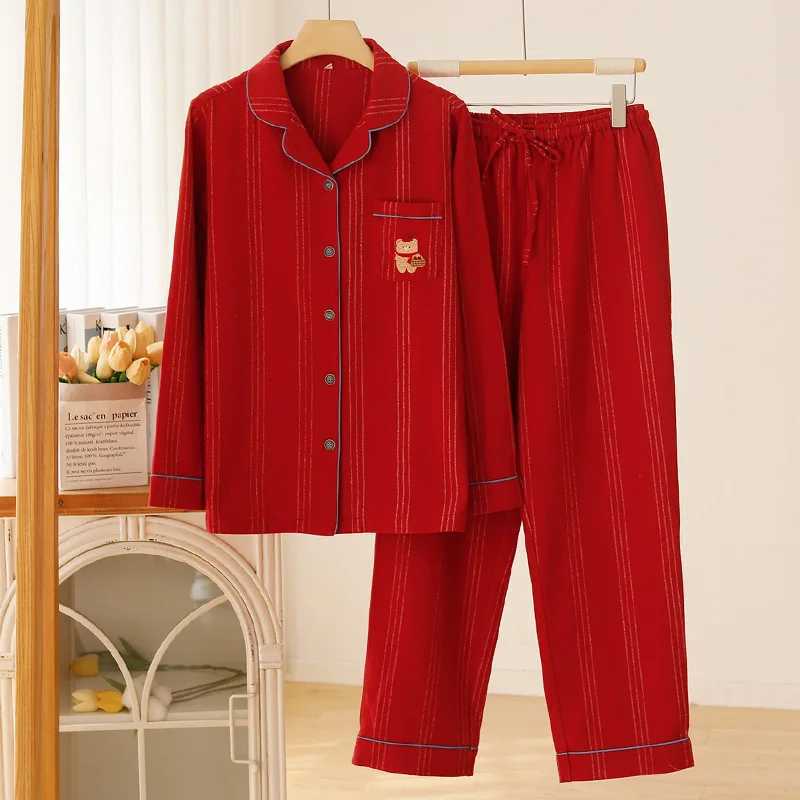 Autumn and winter couple pajamas red pure cotton brushed cartoon embroidery can be worn as casual cotton home clothesW251122 - view 7
