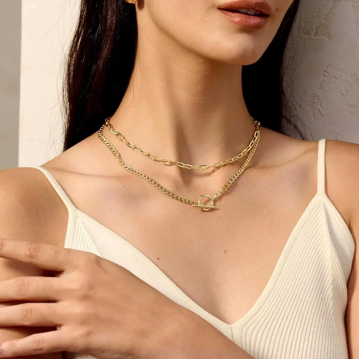 Gold plated necklace gold plated necklace womens Cuban chain paper clip chain switch buckle necklace womens jewelry Y250422