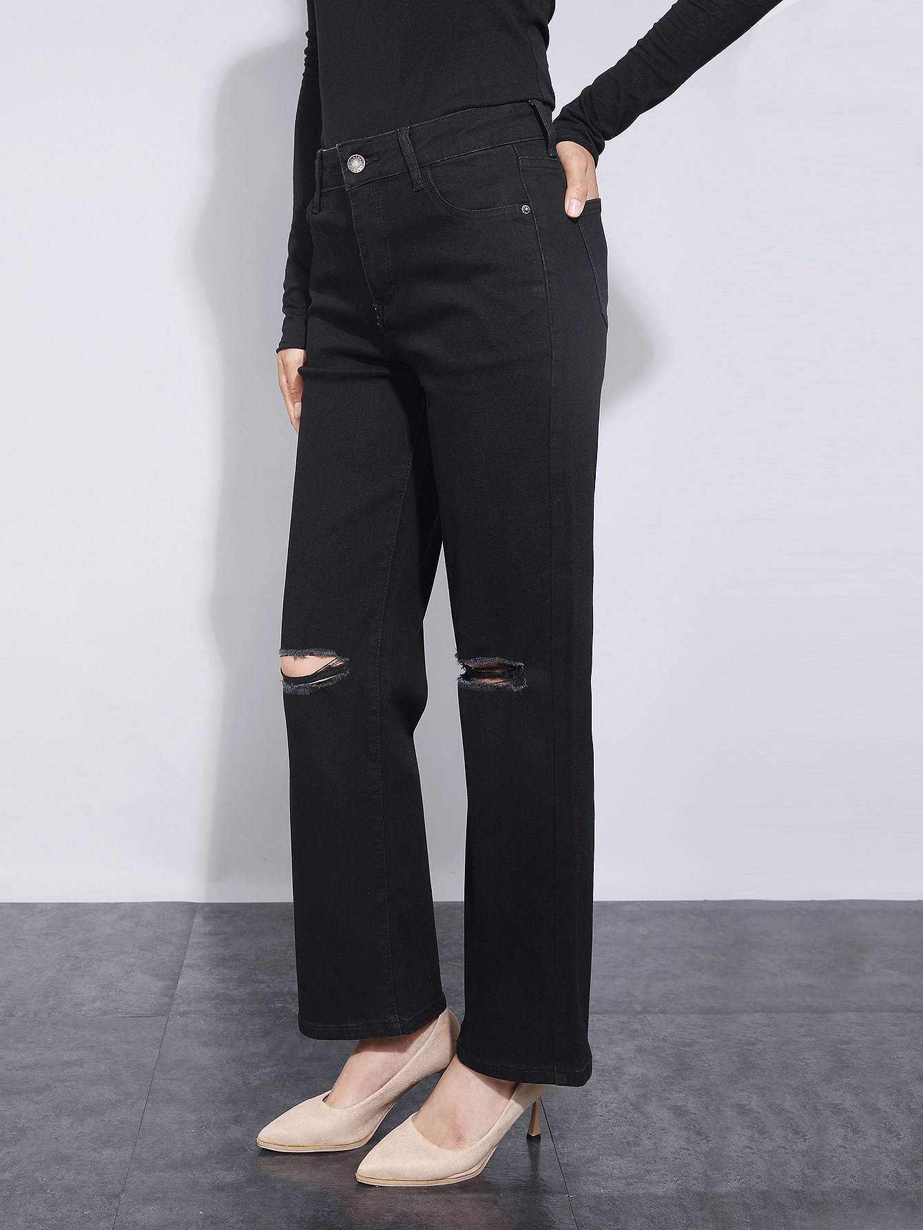 2025 New stretch perforated straight-leg trendy slim-fit jeans women jeans---tg0022