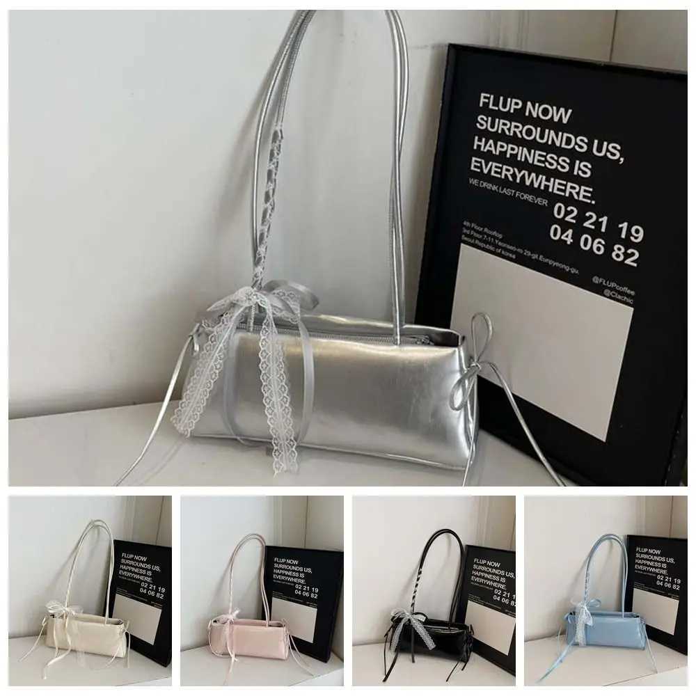 Solid Color French Stick Handbag High Quality Bow Ribbon Silver PU Shoulder Bag Large Capacity Waterproof Cylinder Underarm BagsT251122
