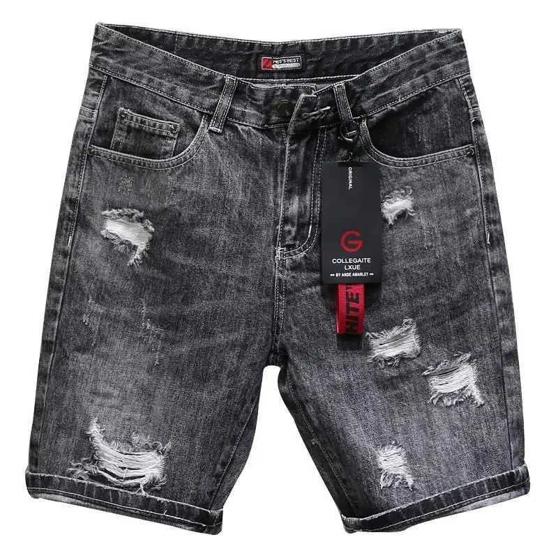 Mens short jeans pants black gray torn mens denim shorts designer buttons trendy expressions new printed stretchable Wih zipperT250422
