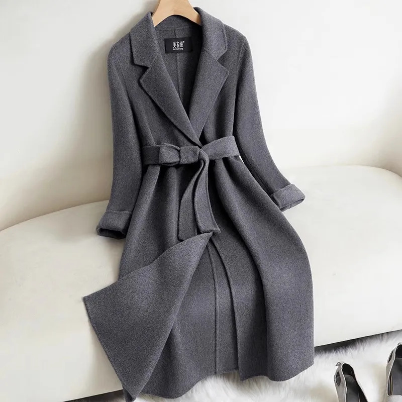 Black Doublesided Cashmere Jacket Womens Long Coat 2025 Autumn Winter Temperament Wool Coats Female Belt Overcoat 251112
