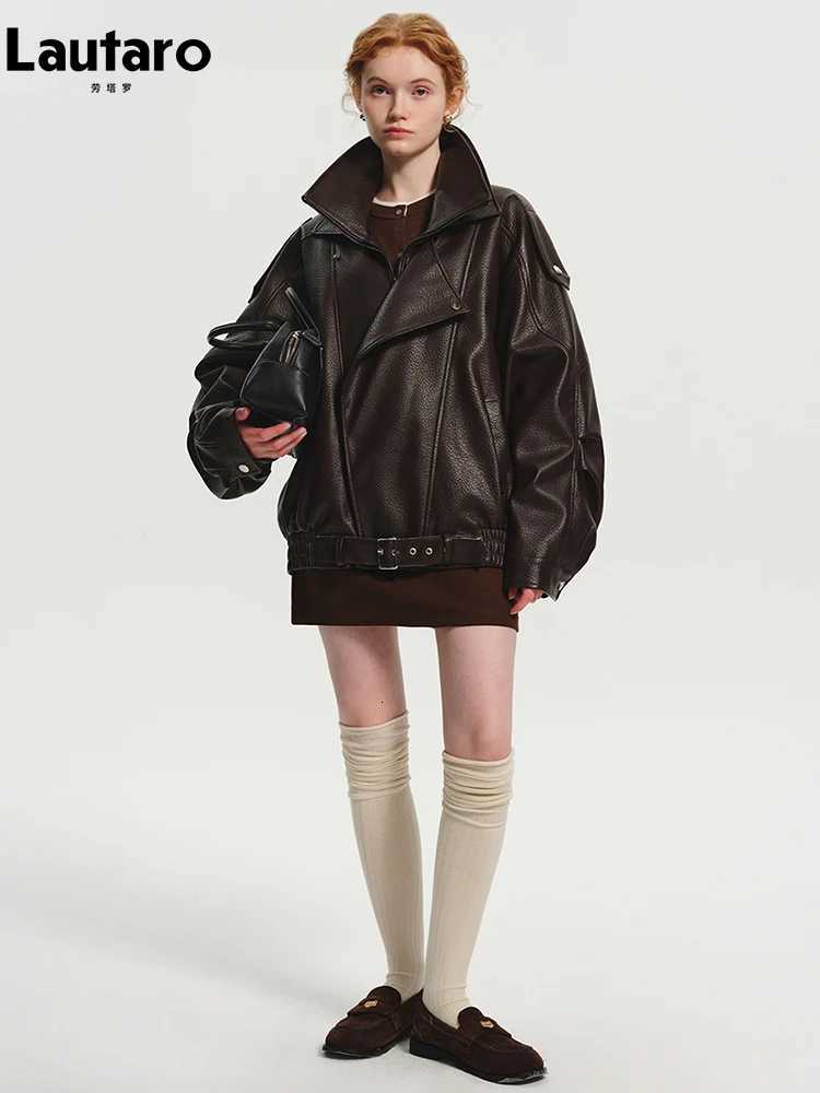 Lautaro Spring Autumn Cool Brown Oversized Pu Leather Jacket Women Long Sleeve Zip Up Luxury Designer American Retro Clothing X251122