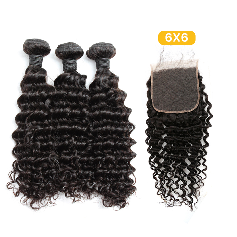 Brazilian Hair Deep Wave Curly Hair 3 Bundles With Closure Sew In Natural Black Weave Black Extensions Bella Hair 4PCS/Lot Less Shedding and Tangling 