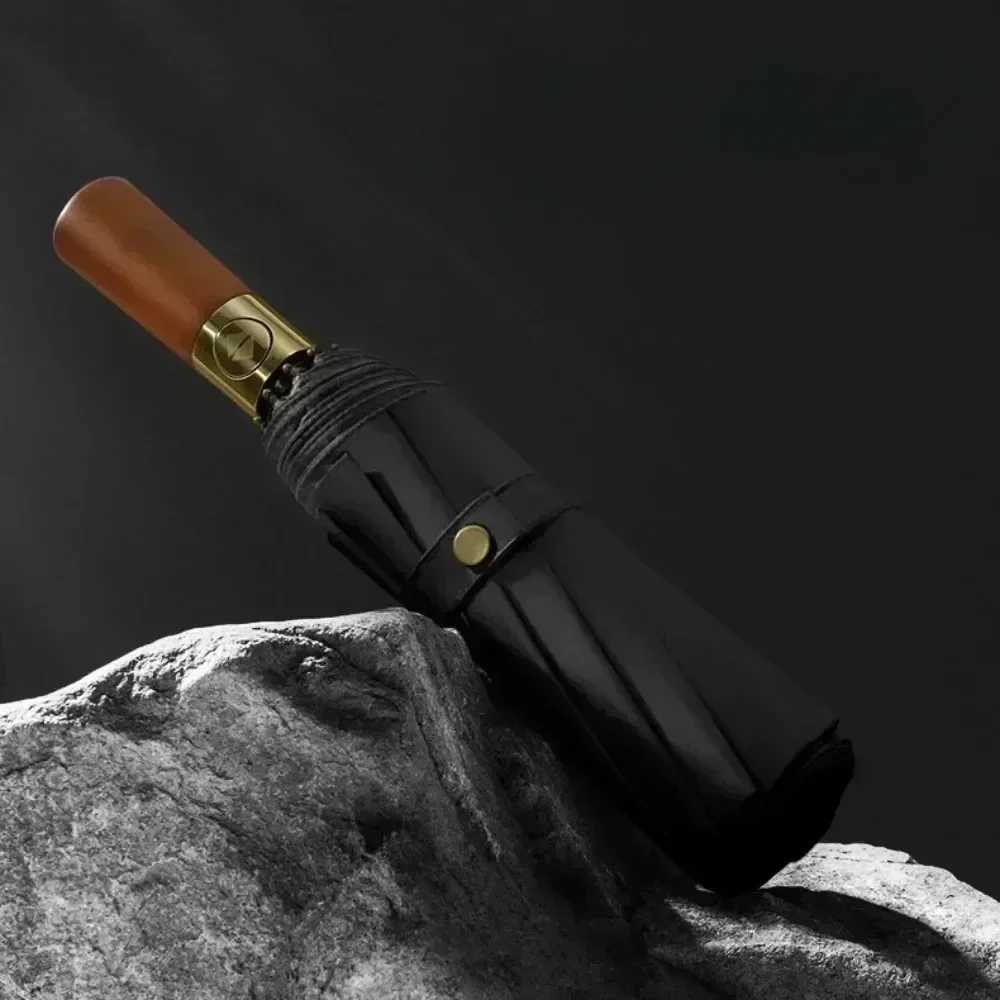 Fully Automatic Wooden Handle Umbrella Men High End Business Folding Umbrella UV Protection Womens Parasol Sunny and Rainy UseM251122