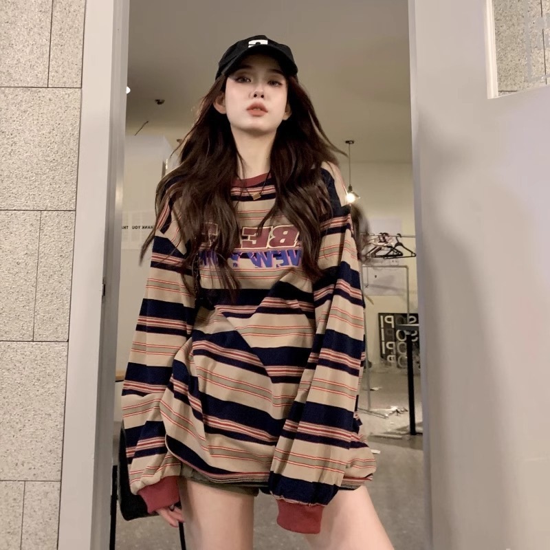 American designer striped round neck hoodie with women's fleece, new Korean version loose and lazy style mid length hip covering top