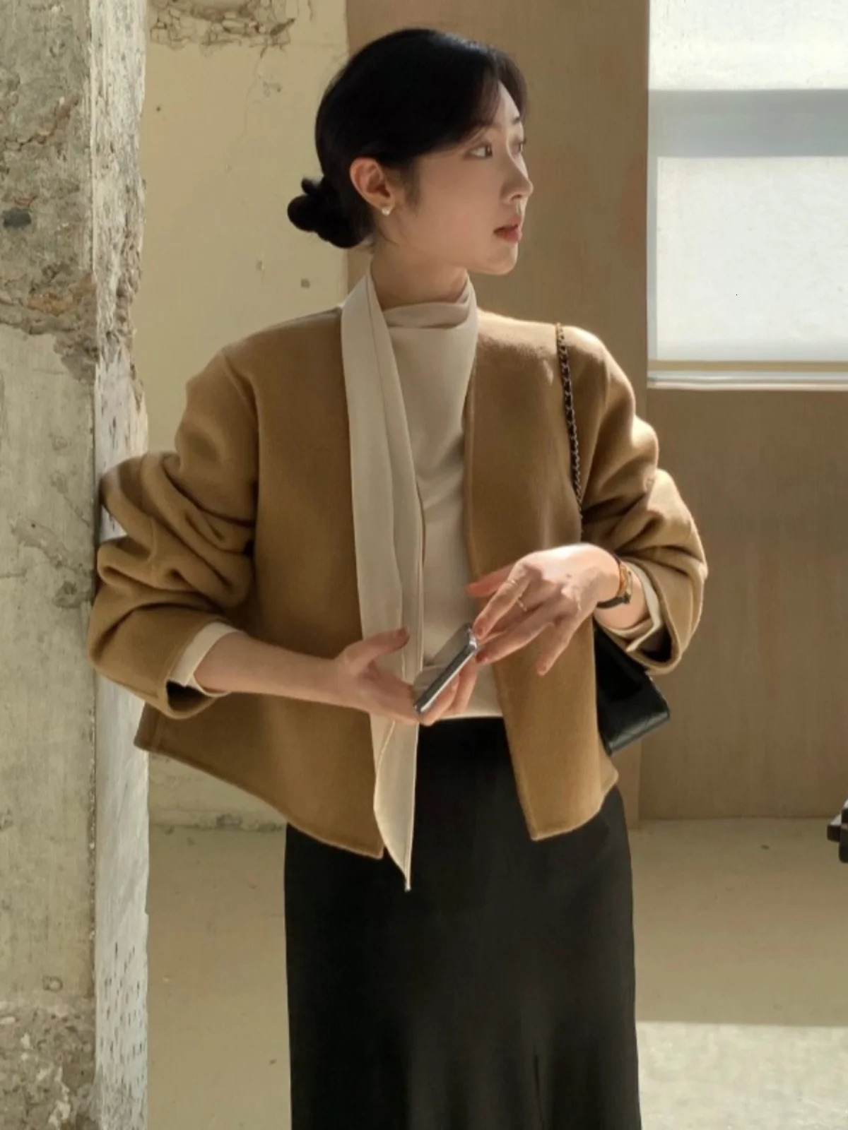 Retro Woolen Coat Women Chic Ele Vne Loose Versatile ort n Sense Tweed Jaets Korean Sle Thiened Long Sve 251112