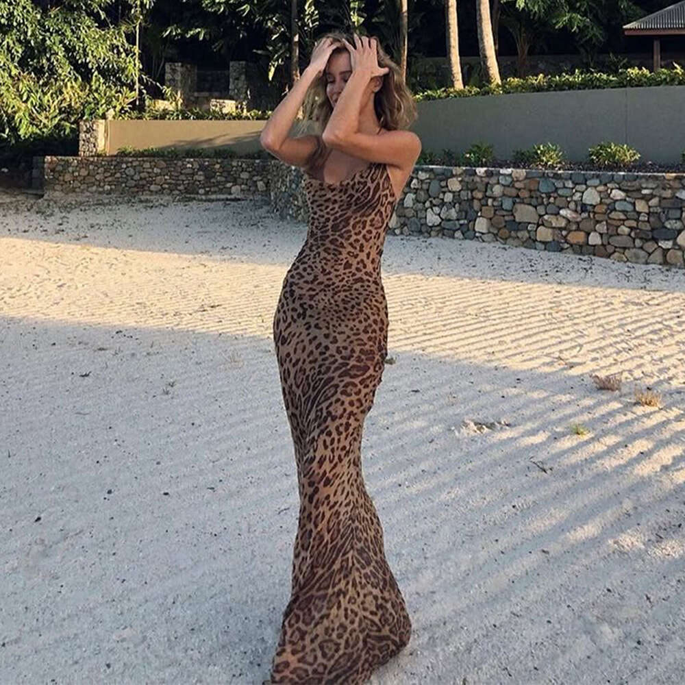 Hot selling European American spring and summer women's long dress with suspender, backless, slim fit leopard print evening dress, 2025 new casua