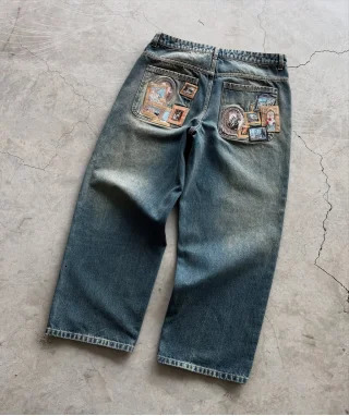 Y2K Minimalist Mens Jeans Retro Pocket Embroidered Loose Korean Casual Harajuku High Waist Aesthetic Couple Wide Leg Pants 250420