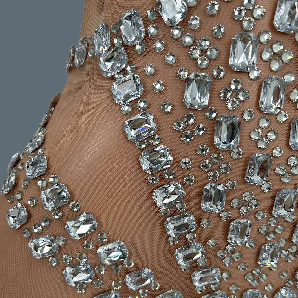 Women Sexy Transparent Playsuit Sparkly Crystals Rhinestones Mesh Strechy Jumpsuit Dance Costume Performance Stage Outfit Dunpai