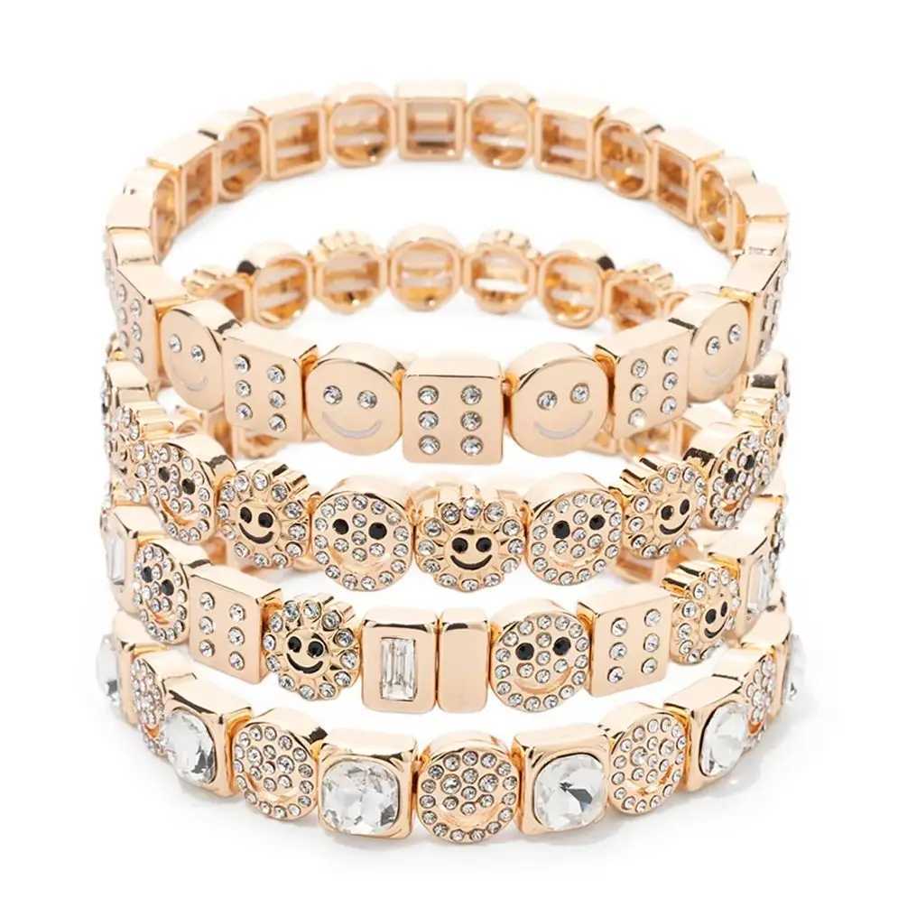 2024 Design Enamel Happy Face Inlaid Dimond Bracelet Womens Gold Dice Bead Elastic Bracelet Boho Jewelry Accessories Z250421