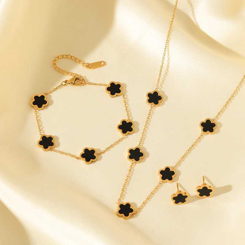 GANEMLY 316L Stainless Steel Black Plum Flower Five Leaf Clover Necklace Bracelet Earrings Jewelry Set For Women Birthday Gift J251122