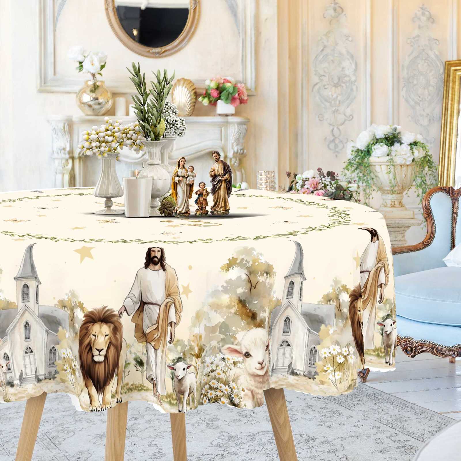1 Piece Jesus Lion and Sheep Pattern Printed Polyester Tablecloth 4 SelfAdhesiveS tickersE mbossedE dgesS uitablef orH omeK itchenL ivingR oomD iningT