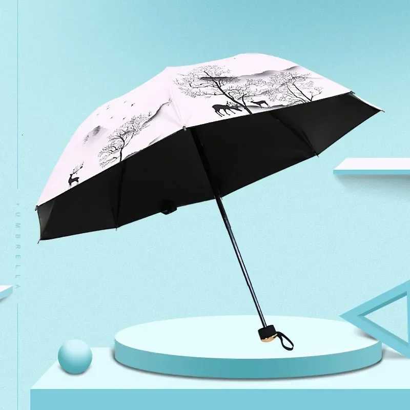 Ink Painting Umbrella ANTI-UV Foldable Umbrella Rain Women Chinese Style Umbrella Windproof Fashion Umbrellas Female GiftM251122