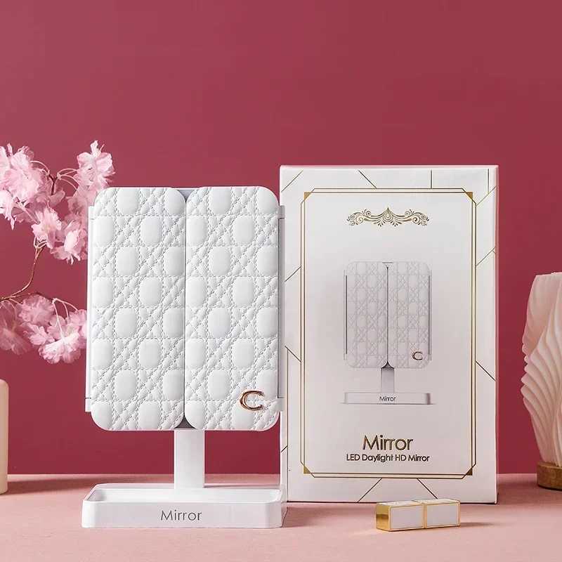 Tri-Fold Makeup Mirror with Led Light Rotable Cute Compact Desk Vanity Mirror 3 Tone Lights with 2X/3X Magnifying for Travel M251122