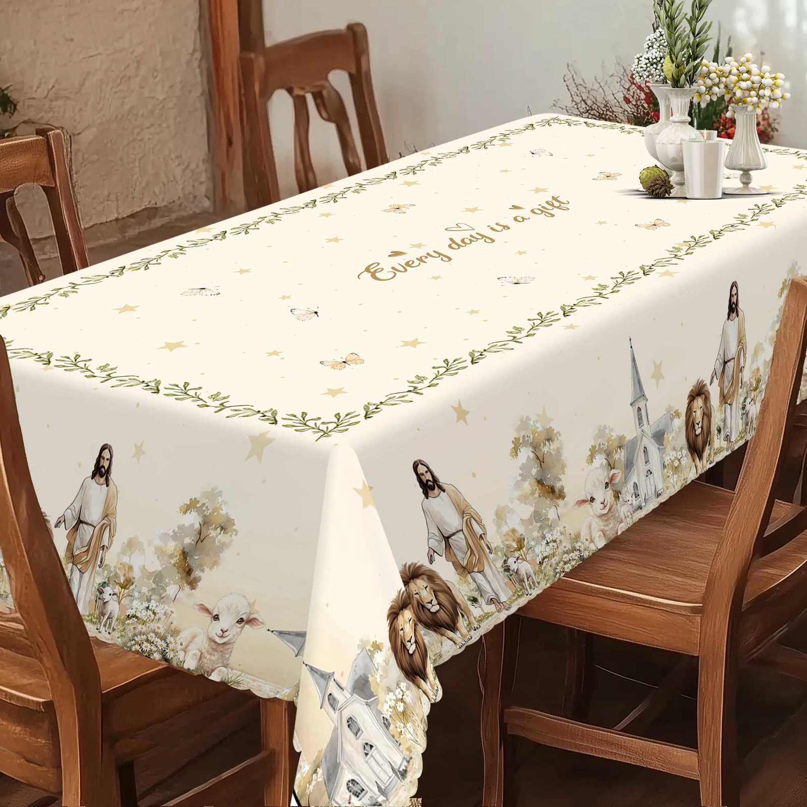 1 Piece Jesus Lion and Sheep Pattern Printed Polyester Tablecloth 4 SelfAdhesiveS tickersE mbossedE dgesS uitablef orH omeK itchenL ivingR oomD iningT