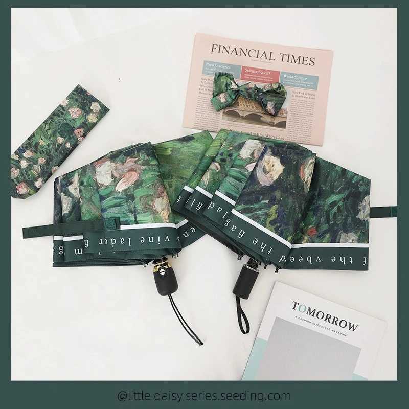 Fully Automatic Oil Painting Sunny Umbrella Folding Womens Vinyl Anti UV Sunscreen Sunshade UmbrellaM251122