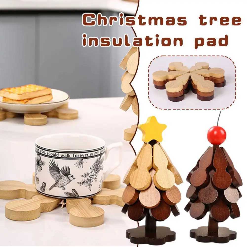 cute Tree Insulation Mat Christmas Tree Gourd Dining Table Pot Bowl Mat Household Wooden Coaster Ornament Insulation Pad 1Set C251122