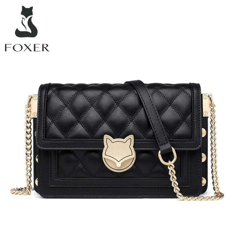 FOXER Women Split Leather Messenger Bags New Designe Lady Stylish Chains Lattice Shoulder Crossbody Bag Female Classical Flap Bag