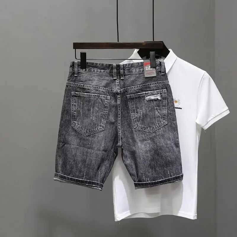 Mens short jeans pants black gray torn mens denim shorts designer buttons trendy expressions new printed stretchable Wih zipperT250422