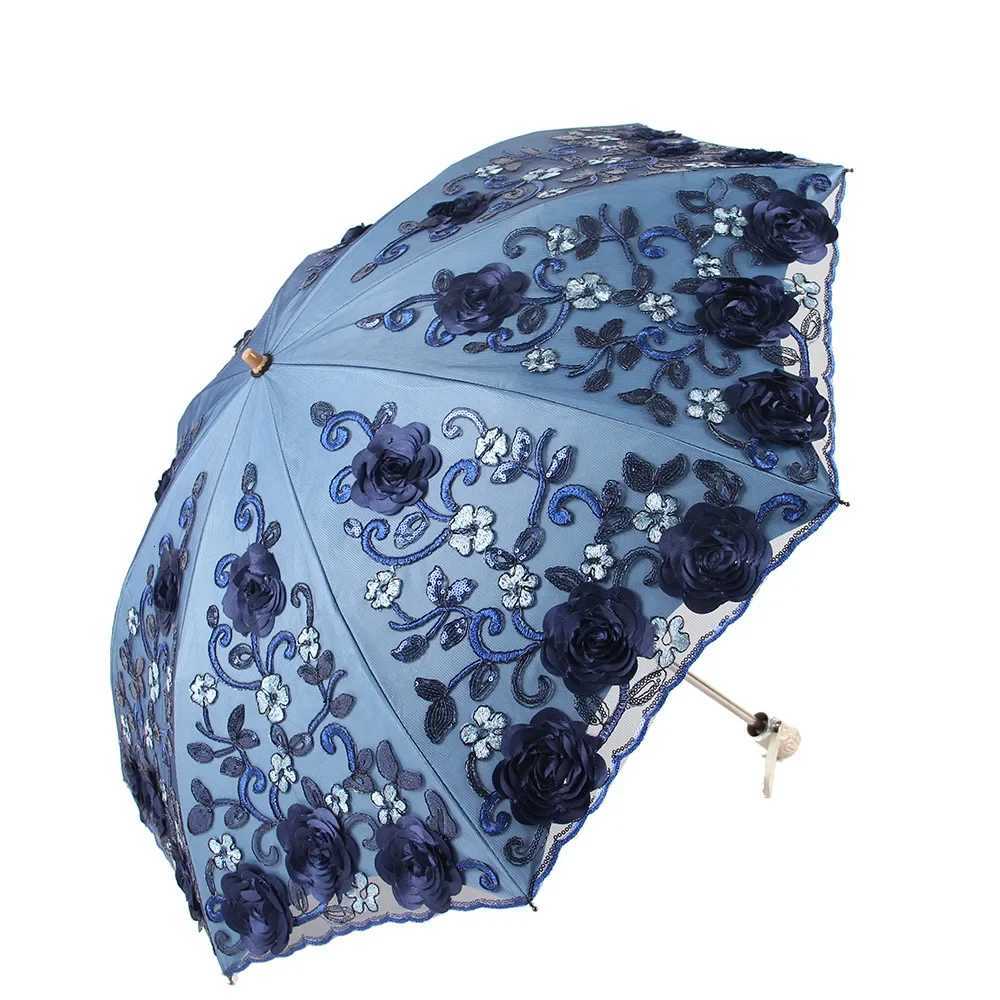 Lace Embroidered Two Folding Umbrella for Double-layer Embroidered Anti-UV Sunscreen Parasol Women Windproof Rain UmbrellasM251122