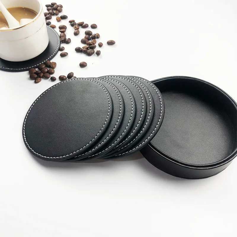 PU Leather Round Coasters Square Wood Coasters Drink Coffee Cup Coasters Mats Tea Pad with Holder Placemats Coaster Set C251122