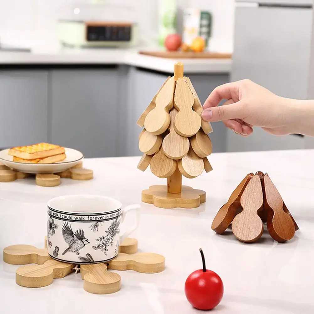 cute Tree Insulation Mat Christmas Tree Gourd Dining Table Pot Bowl Mat Household Wooden Coaster Ornament Insulation Pad 1Set C251122