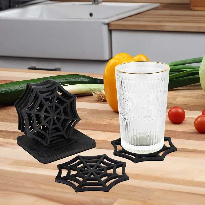 Halloween Wooden Spider Web Coaster Set Creative Hollow Desktop Coasters and Bowl Mats Festival Party Table Decoration Ornaments C251122