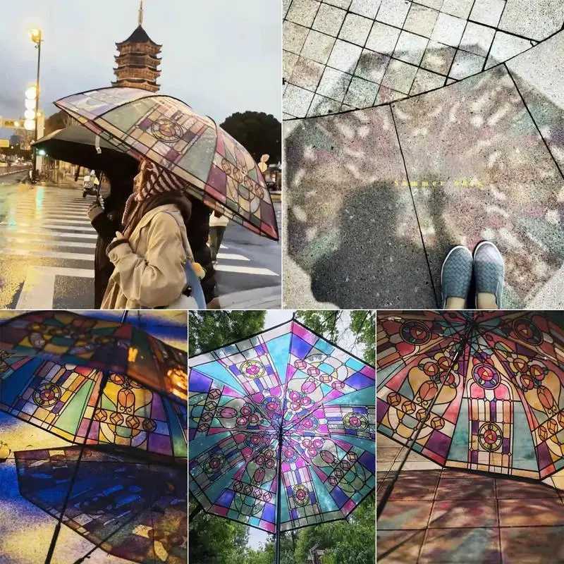 Stained Glass Umbrella British Style Rainforest Arch Umbrellas Vintage Hand-Painted Transparent Parasol Auto Folding UmbrellaM251122