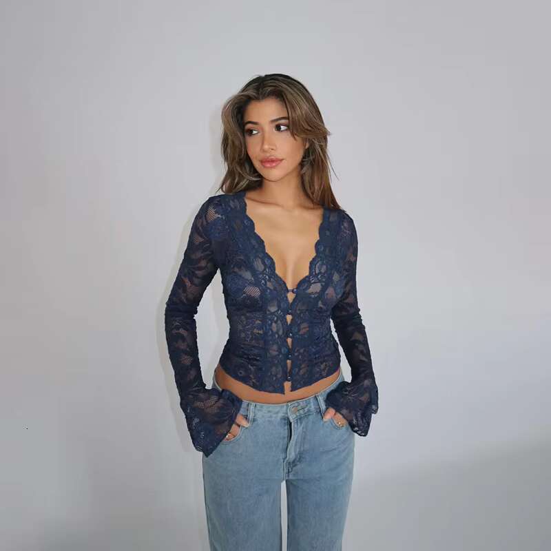 DHessentials Autumn 2024 new women's Y2K style elegant and sexy slim fit V-neck lace long sleeved top