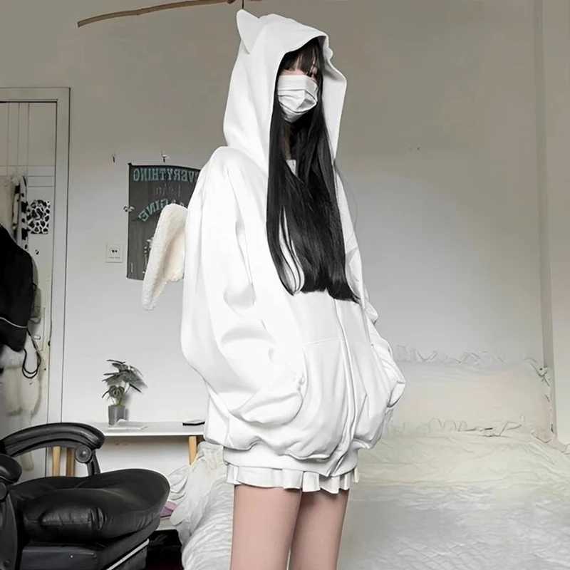 Autumn Kawaii Hoodie Womens Cat Ear Hoodie Sportswear Young Girl Y2K Plush Angel Wing Zipper Hoodie Halloween Party Costume M250422