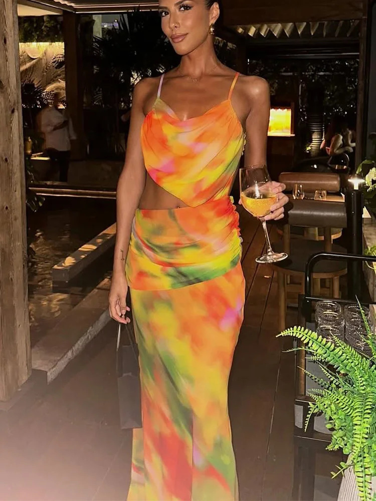 ZRTAK sexy wrapped apron top cut mesh cover printed beach long skirt beachwear womens Maxi 250415Z