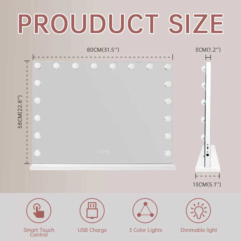 Large Hollywood Makeup Mirror 18 LED Bulbs Vanity Mirror with Protective Power Outlet USB Charging Port 3 Color Lighting Modes M251122