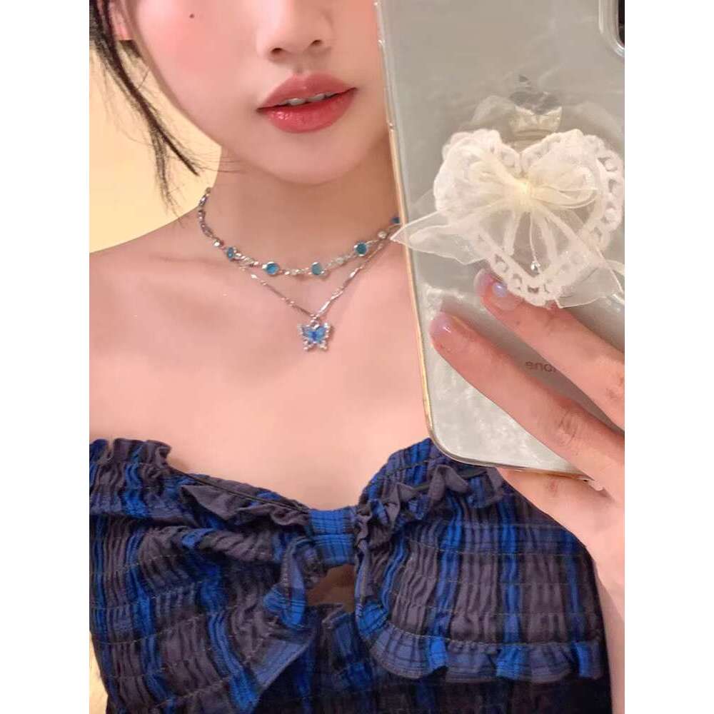 Double Layer Wear Blue butterfly Zircon Necklace Light High Sense Clavicle Chain Fashion Design Niche Accessories