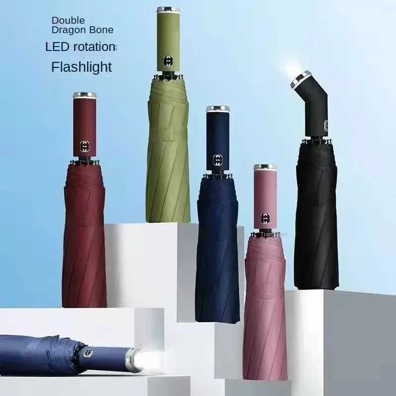 Rotating LED Flashlight Umbrella Durable Sun Rain Dual Use 10-bone Frame Automatic Umbrella UV Protection Compact Travel ShadeM251122
