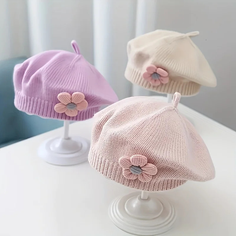 Flower Treasure Baby Thunder Hat Winter Warm Knitted Bean Girl Korean Preschool Princess Artist Solid Color Paint 250414z