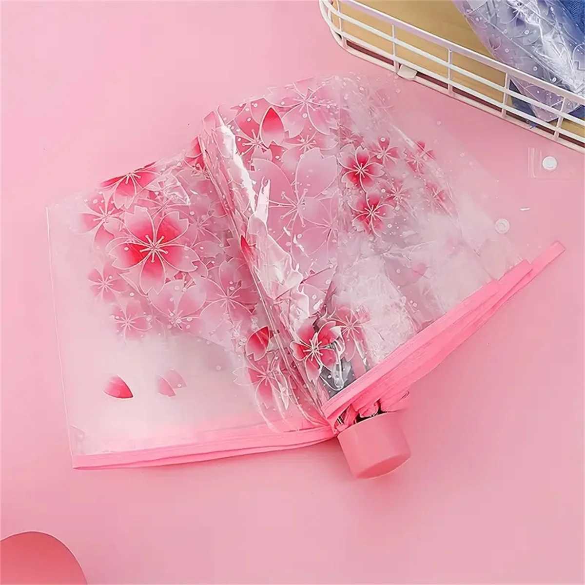 Korean Umbrella Cute Mini Fresh and Three-Fold Japanese Cherry Blossom Transparent Umbrella Rainproof and WindproofM251122