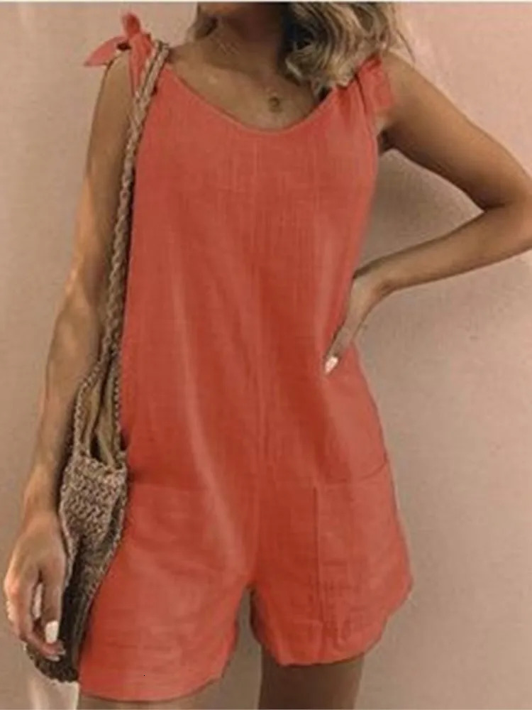 Summer Solid Cotton Linen Playsuits Casual Loose Women Jumpsuits Fashion Lace -up O Neck Sleeveless Pocket Romper Female 250421