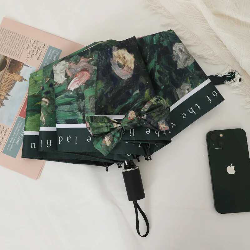 Fully Automatic Oil Painting Sunny Umbrella Folding Womens Vinyl Anti UV Sunscreen Sunshade UmbrellaM251122