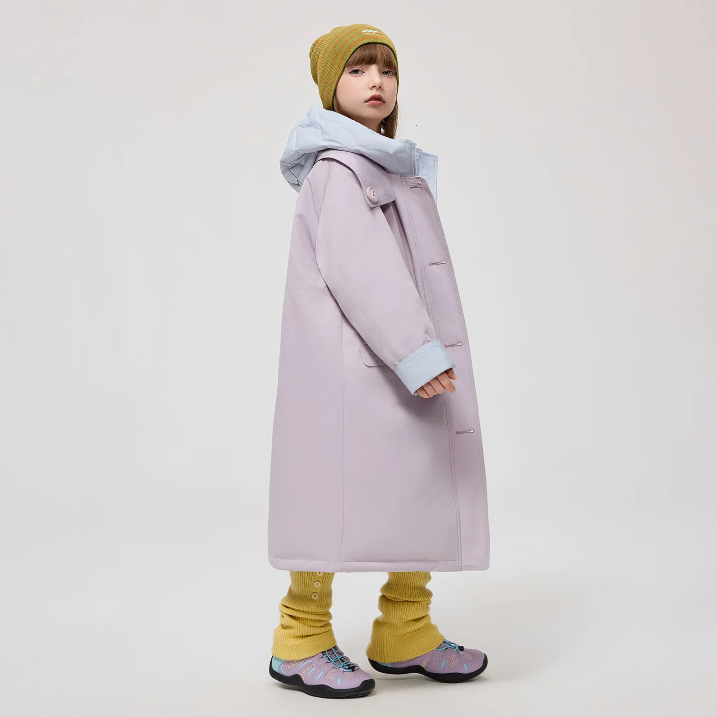 Korean Winter Junior Girls Midlength Coat Hooded 414Y Kids Padded Trench Reversible Khaki Thick Teens Jackets 2501105