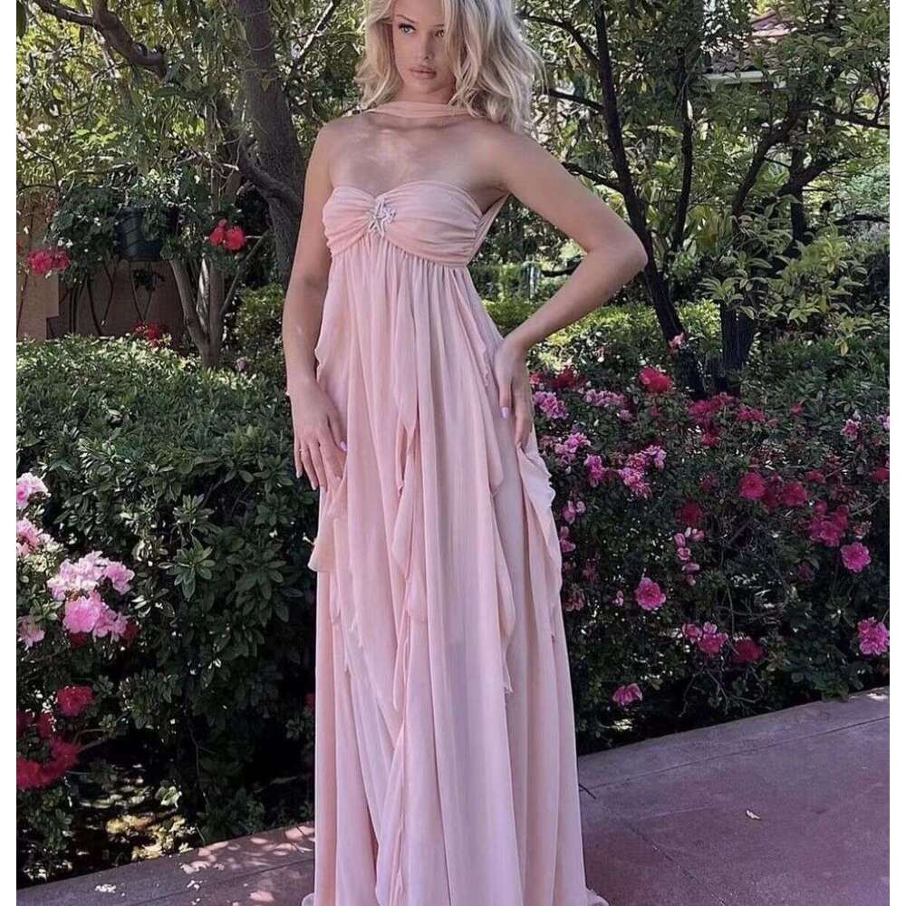 Fulllace Partydress French Style Neck Hanging Chiffon Formal Sexy Wrapped Chest Backless Star Decoration Irregular Ruffle Edge Dress Long Skirt