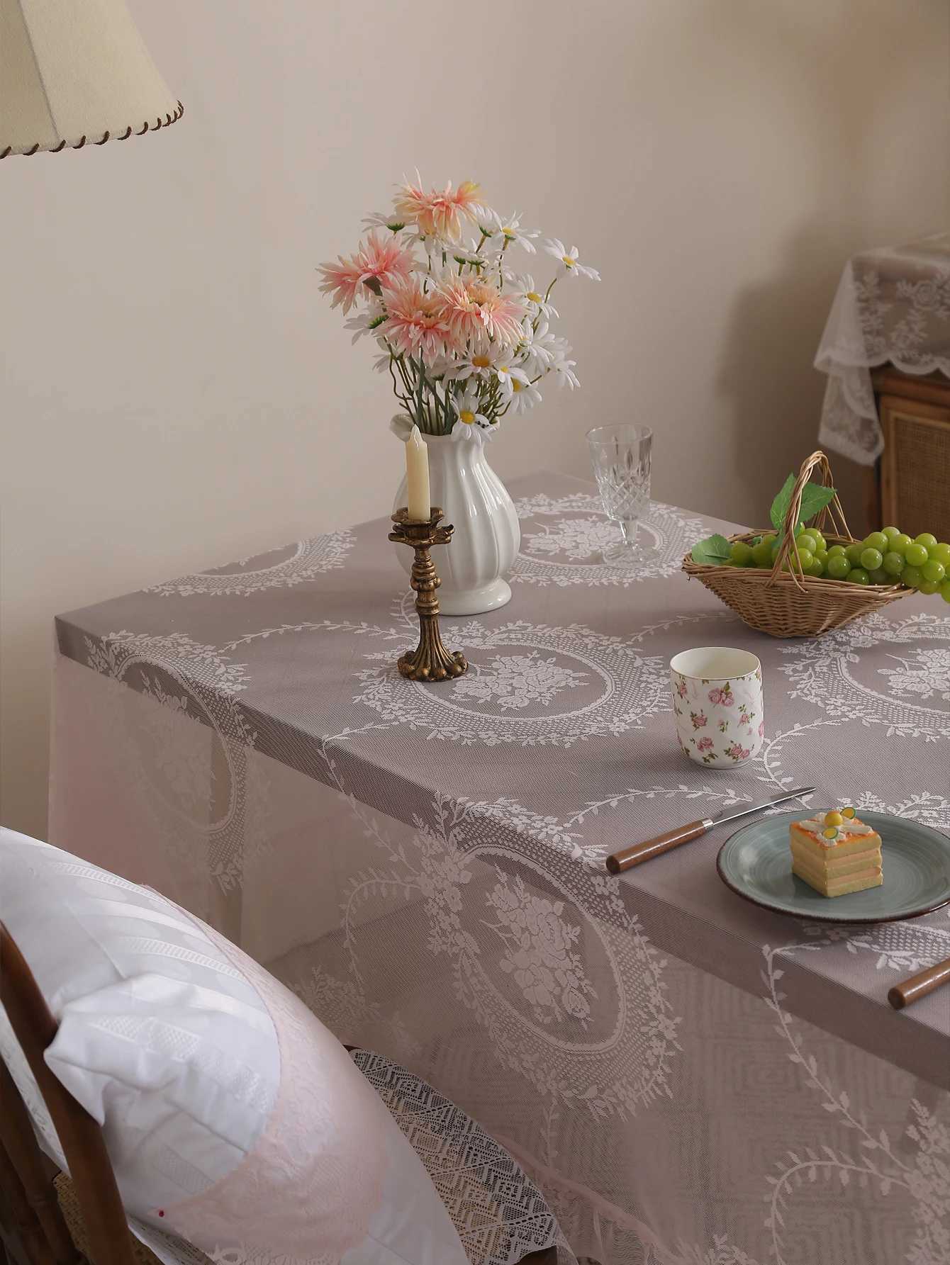Rustic Pink Mirror Flower Lace Tablecloth Living Room Bedroom Dining Table Tablecloth Wedding Festival Home Table Decoration C251122