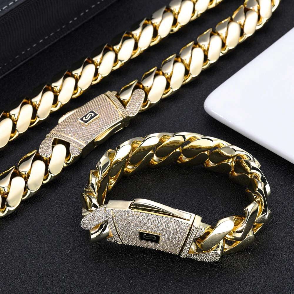 ESKEEM 14K Gold Plated Thick Solid Monaco Bracelet Hip Hop Jewelry Iced Diamond Clasp Flat Miami Cuban Bracelet Chrismas Gift