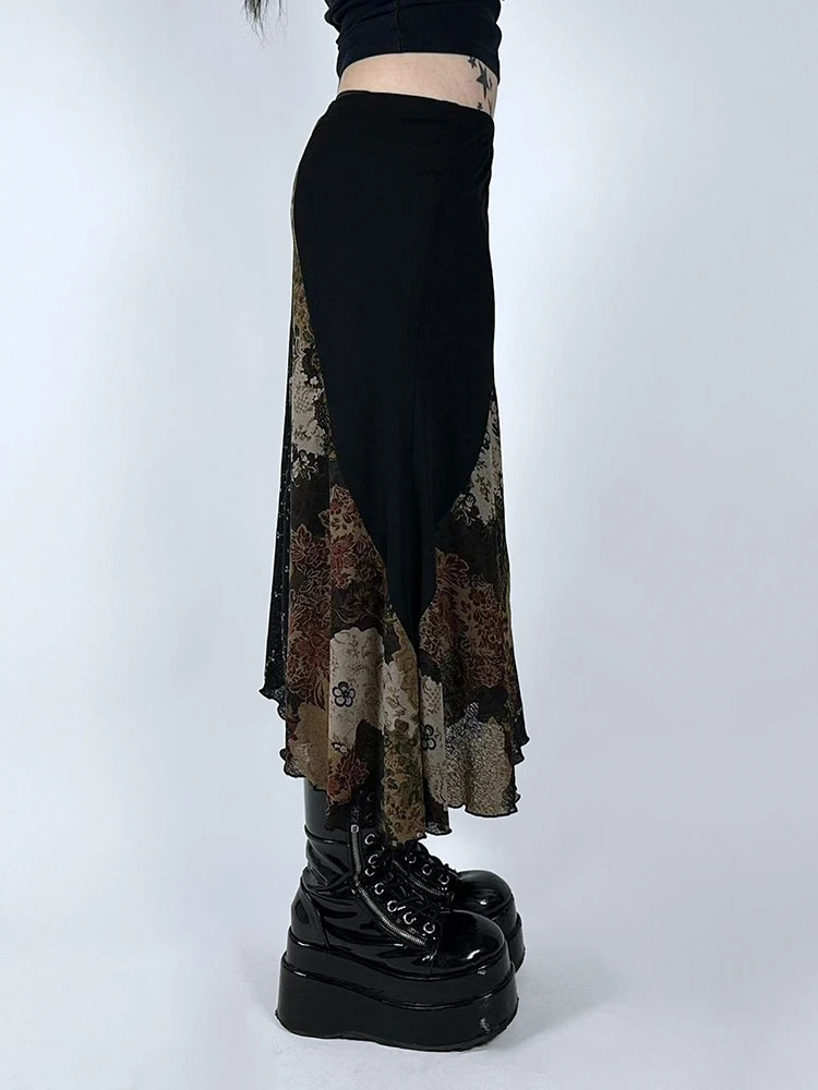 IAMSURE Vimtage Patchwork Flower Grid Skiing Leisure Mid waist Long Skirt Womens Autumn Spring Street Dress Women 250422