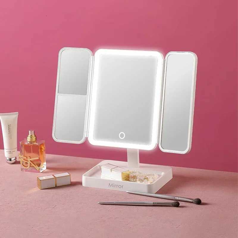 Tri-Fold Makeup Mirror with Led Light Rotable Cute Compact Desk Vanity Mirror 3 Tone Lights with 2X/3X Magnifying for Travel M251122
