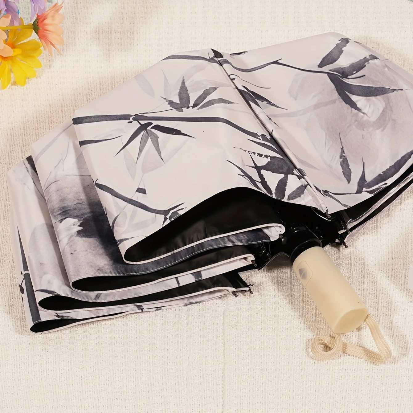 Automatic Umbrella Chinese style Ink Painting Bamboo Pattern Folding Umbrella Rain proof Sun Protection UV Protection Travel UM251122
