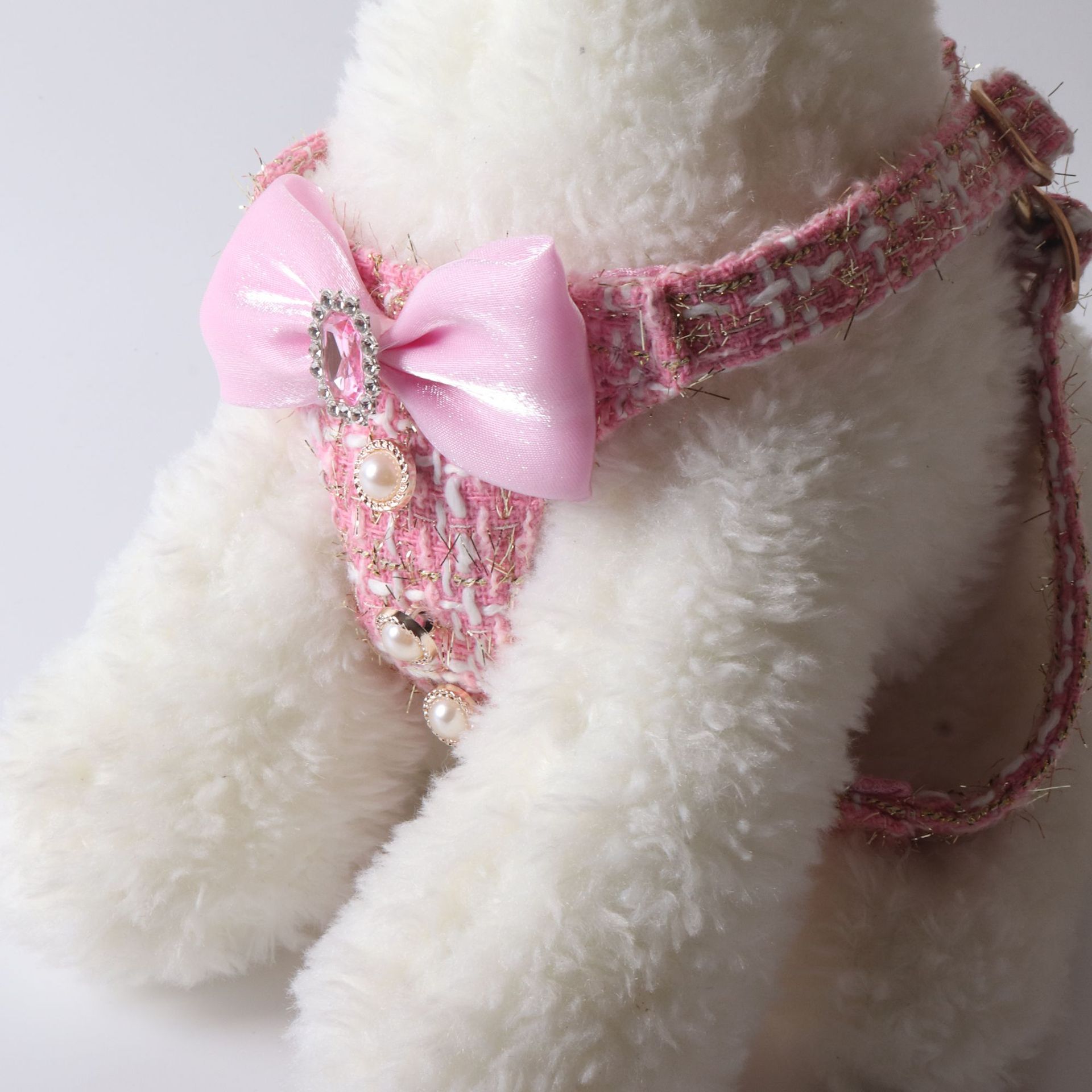 Luxury Tweed Bowknot Dog Harness and Leash Set, Pearl Button Dress Vest for Small Dogs Cats Pink Black Blue - view 6