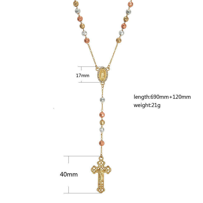 Elfic Gold-Plated Three-Color hip-hop moissanite Virgin Mary Rosary Necklace